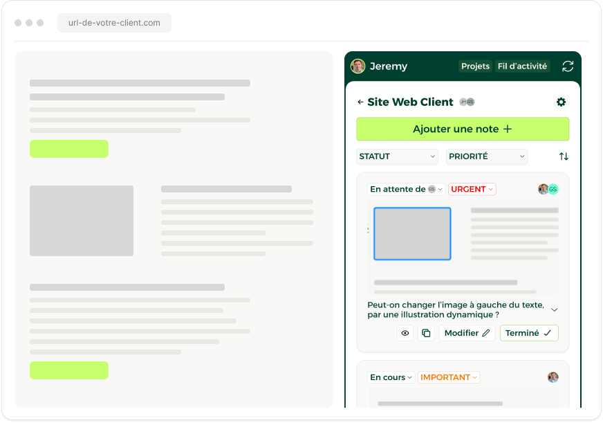 Interface Kalinotes : un client annote sa page web pendant que le freelance traite les retours dans le tableau de bord